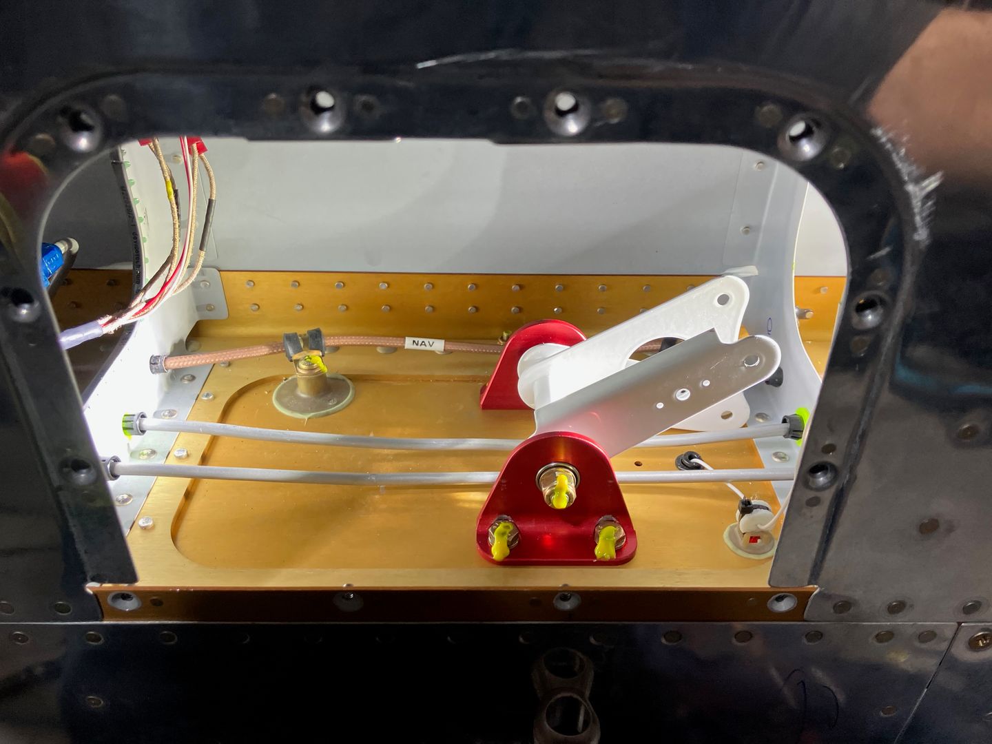 Aileron bellcrank in the left wing.