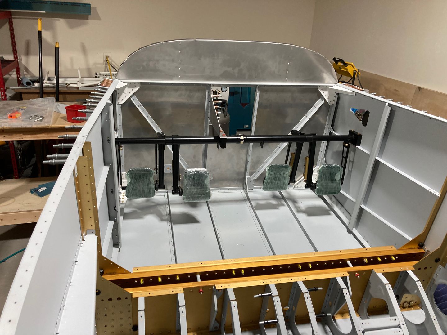 The rudder pedals temporarily fastened.